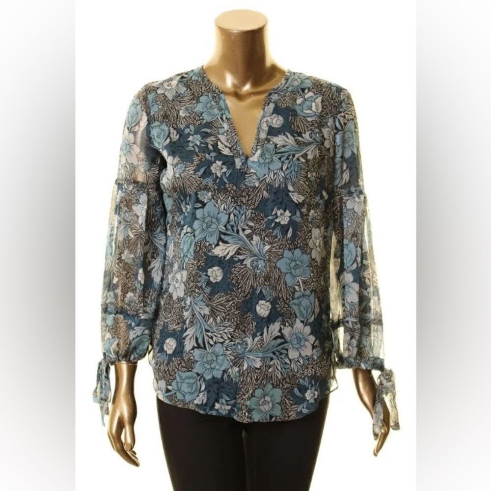 NWT Jones New York SZ 1X Blue Floral Multi Combo Tie Sleeve Blouse